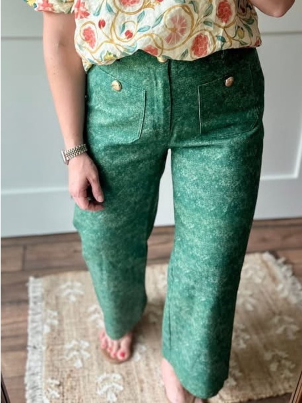 Green Wide-Leg Pants with Gold Buttons
